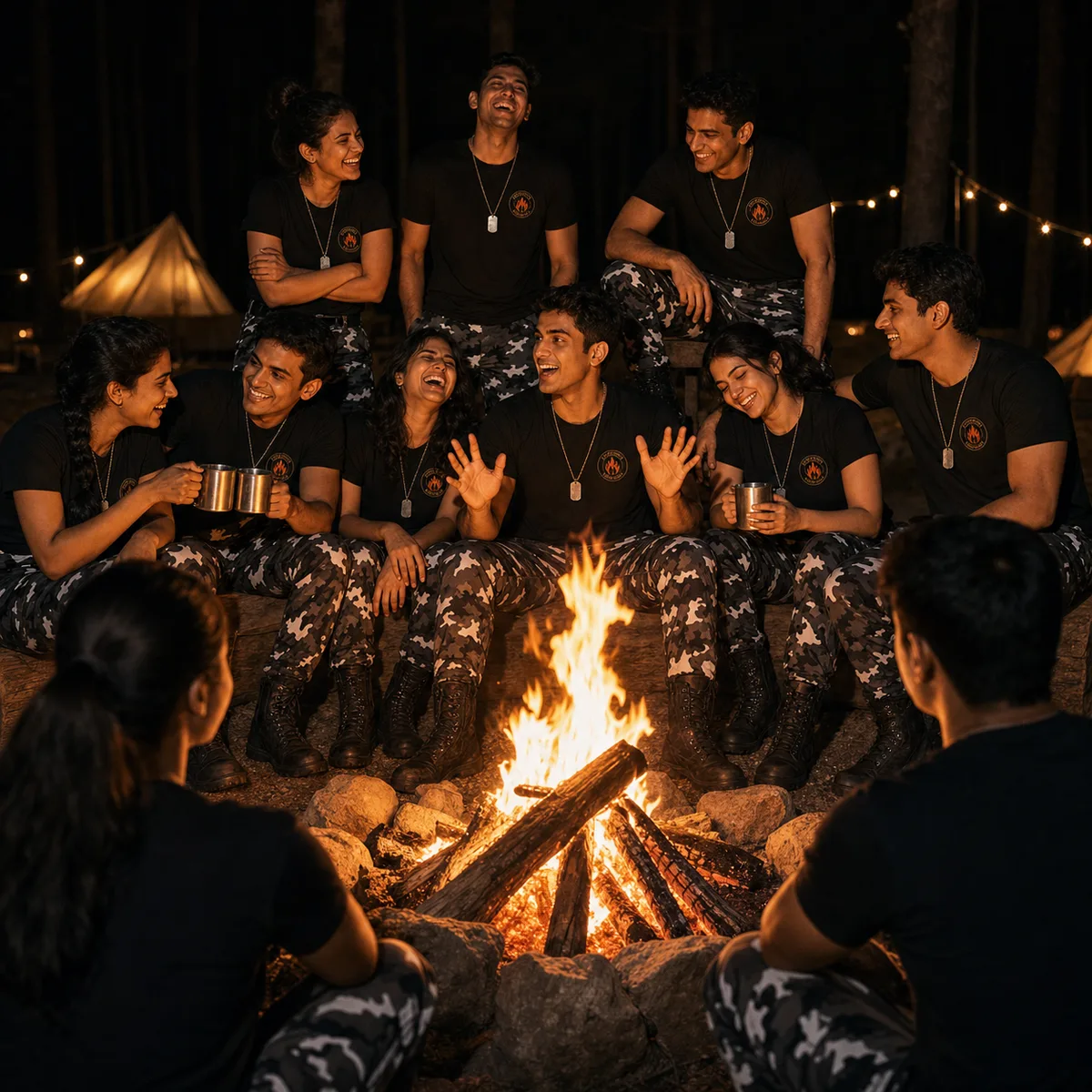 An OperationForgeX platoon in black tees gathered around the fireline at the forest camp after dark